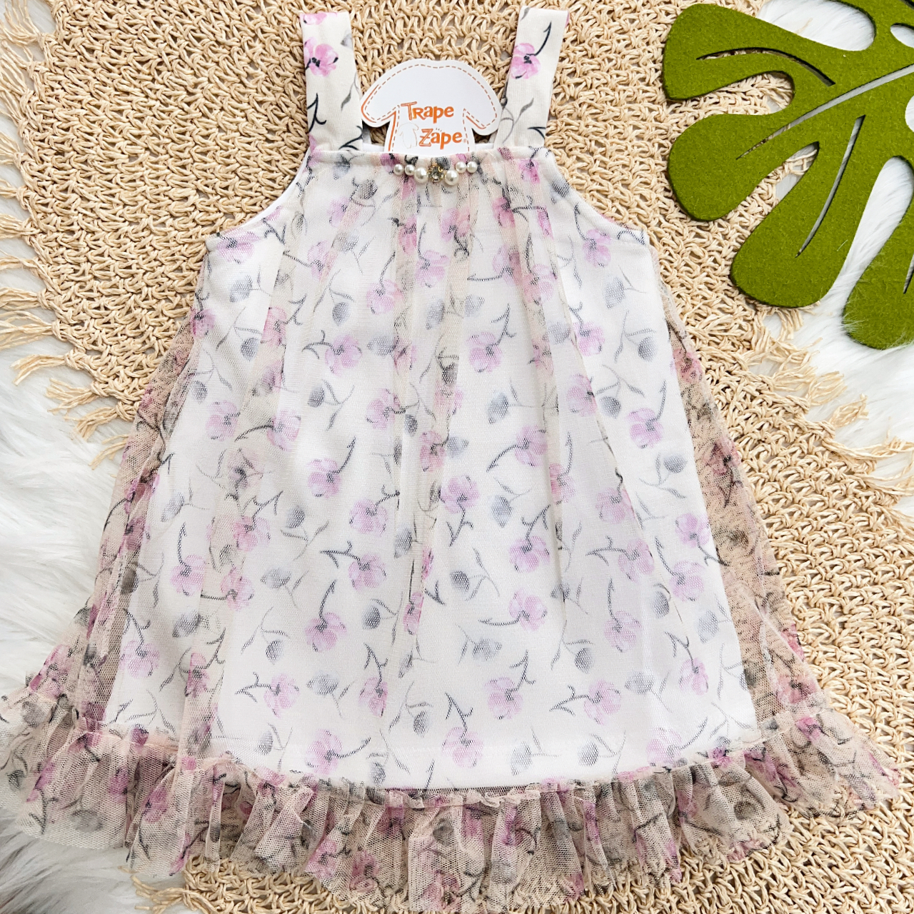 Vestido Alcinha com Tule Floral - Areia e Lilás